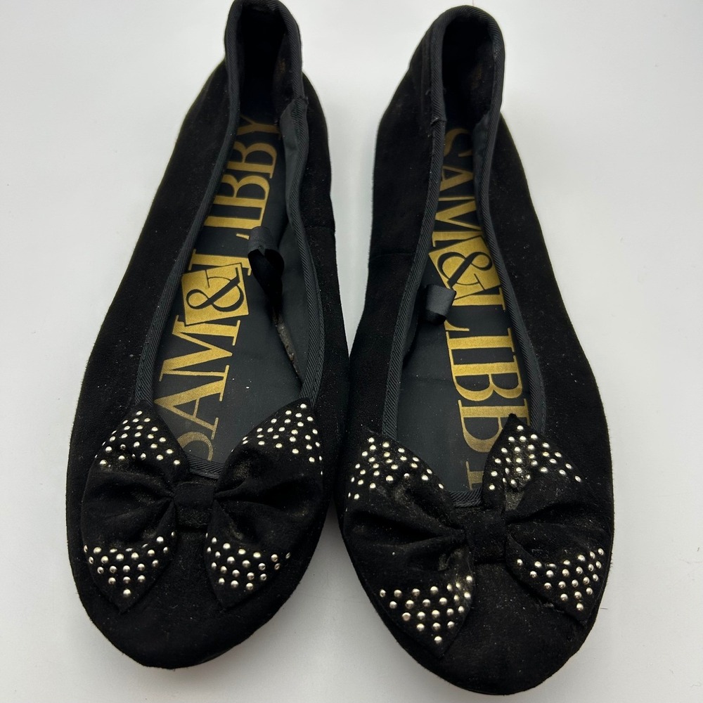Sam & Libby Womens‎ Black Faux Suede Studded Bow Ballet Flats Size 7 Round Toe